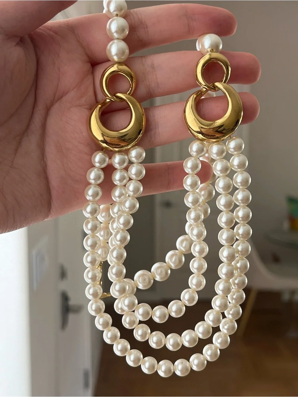 Vintage Napier Triple-Stranded Faux Pearl Gold Hoop Beaded Statement Necklace